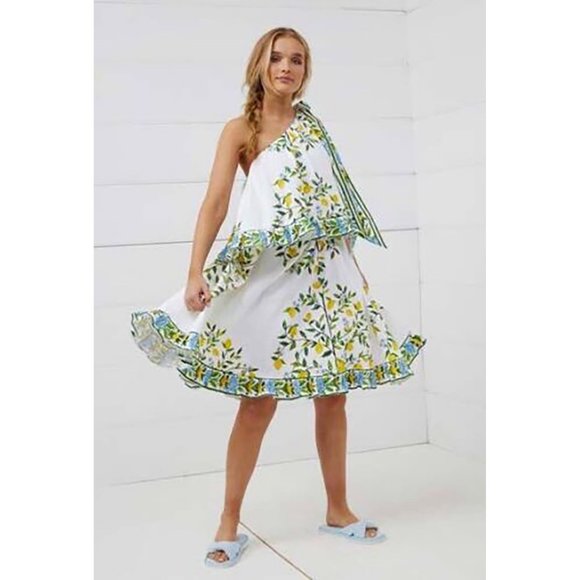 Binny Lemon Mini Dress Fruit Floral Tiered They Call Me Limoncello Capri L - Picture 2 of 16